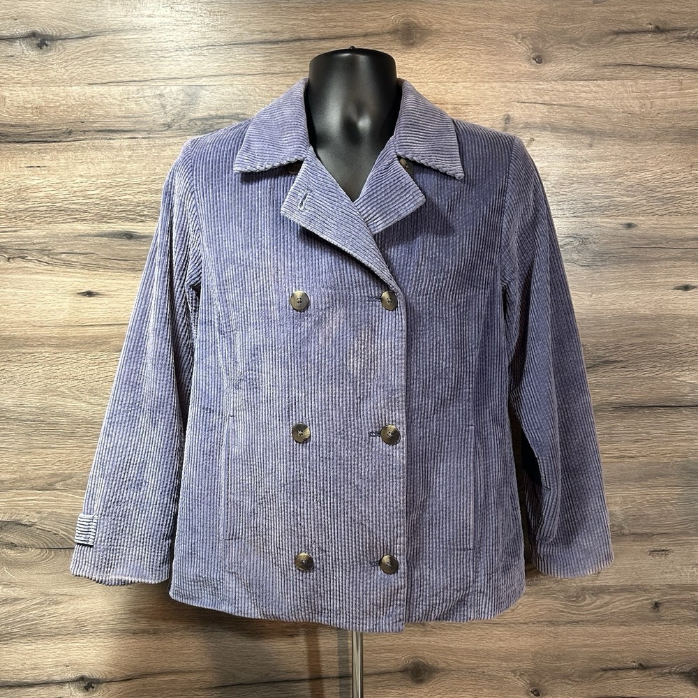 LL Bean Jacket Womens Sm Blue Corduroy Chore Coat Barn Double Breasted Collared